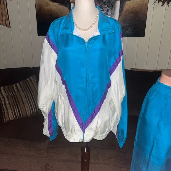 Naked Silk • Large • Turquoise/White • Silk • Jacket & Pants Set • Tracksuit - Picture 2 of 16